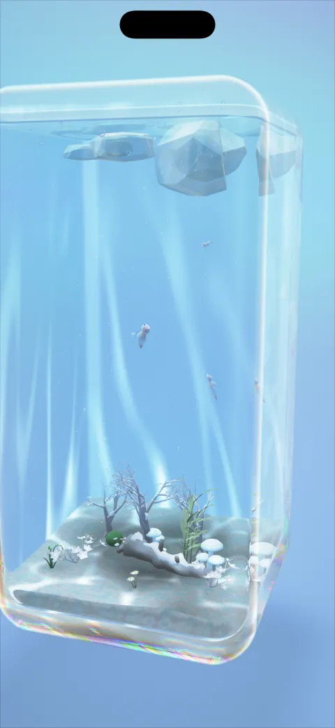 霜の森。白い木々と霜の降りた枝の上を、クリオネが泳ぐ